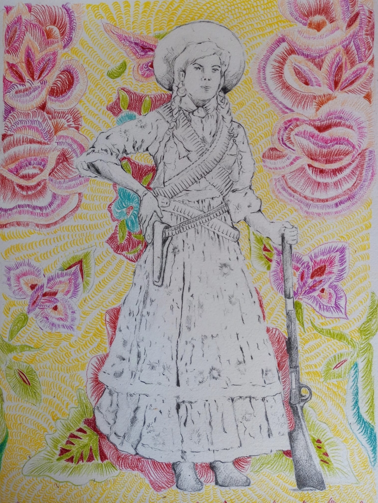 Guerreras en el tiempo. Soldadera entretejida con textil Oaxaqueño, dibujo sobre papel de algodón, 40 x50 cm, 2020.