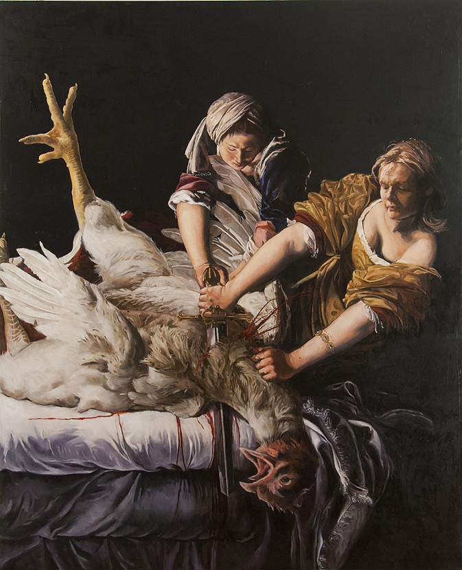 Autorretrato matando a un gallo según Judith matando a Holofernes de Artemisia Gentileschi