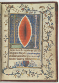 Miniature of Christ’s Side Wound and Instruments of the Passion, folio 331r, in the Prayer Book of Bonne of Luxembourg, before 1349 (The Cloisters Collection)